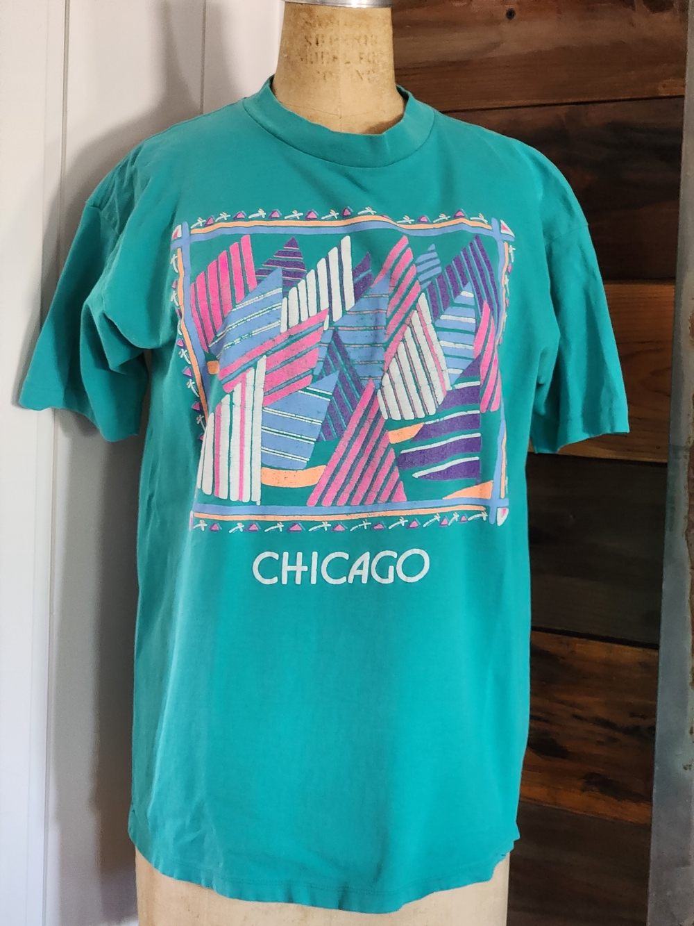 Vintage Teal Chicago Souvenir Single Stitch Cotton Graphic Tee